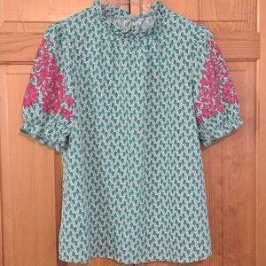 Boho Top Size Large Anegada Style Embroidered Puff‎ Sleeve Ruffle Collar Blouse